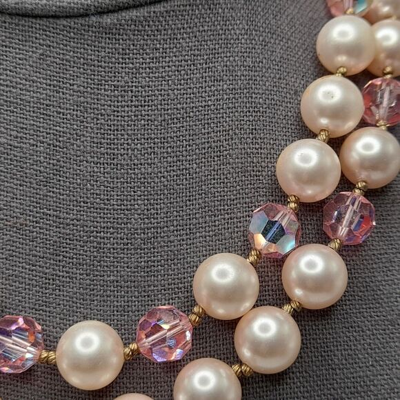 Vintage Pink Faux Pearls Pink Crystals Choker Necklace 1950s - Picture 5 of 11